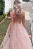 Beaded V Neck Tulle Backless Sexy See Through Front Slit Pink Prom Dresses HZ0509