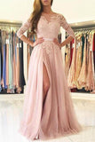Half Sleeves Pink Tulle Long Lace Prom Dress with Slit HZ0509