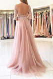 Half Sleeves Pink Tulle Long Lace Prom Dress with Slit HZ0509