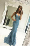 Mermaid Blue Lace Long Prom Dress,Formal Evening Dress HZ0509