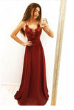Line Spaghetti Straps Flowers Burgundy Long Prom Dresses HZ0509