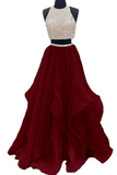 Piece Floor Length Burgundy Prom Dress Beaded Open Back Evening Gown HZ0509