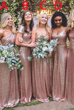 Rose Gold A Line Sequin Long Bridesmaid Dresses HZ0509
