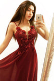 Line Spaghetti Straps Flowers Burgundy Long Prom Dresses HZ0509