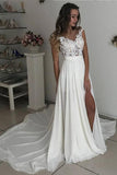 White Long Chiffon Cap Sleeves Split Wedding Dresses With Lace HZ0509