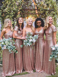 Rose Gold A Line Sequin Long Bridesmaid Dresses HZ0509