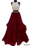 Piece Floor Length Burgundy Prom Dress Beaded Open Back Evening Gown HZ0509
