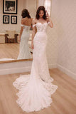 Off Shoulder Court Train Chiffon Long Wedding Dress with Lace Appliques HZ0509
