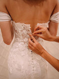 Off Shoulder Court Train Chiffon Long Wedding Dress with Lace Appliques HZ0509