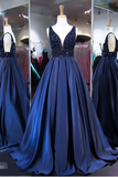 Royal Blue A Line V Neck Sleeveless Long Prom Dress HZ0509