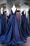 Royal Blue A Line V Neck Sleeveless Long Prom Dress HZ0509