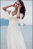 A Line V-neck Chiffon Lace Short Sleeves Beach/Coast Wedding Dresses HZ0509