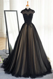 Chic A line High Neck Black Tulle Floor Length Modest Prom Dress Evening Dress HZ0509