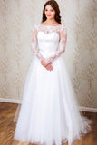 A-line Long Sleeves White Tulle Lace Top Long Wedding Dresses HZ0509