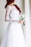 A-line Long Sleeves White Tulle Lace Top Long Wedding Dresses HZ0509