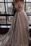 A-line Silver Tulle V-Neck Rhinestone Prom Evening Dress Party Dress HZ0509