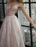 A-line Silver Tulle V-Neck Rhinestone Prom Evening Dress Party Dress HZ0509