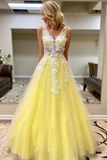 V Neck Tulle Lace Appliques Long A Line Prom Dress Yellow Formal Dress HZ0509