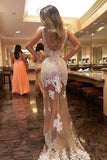 Scoop Tulle Long Backless Prom Dress With White Lace Appliques HZ0509