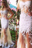 Scoop Tulle Long Backless Prom Dress With White Lace Appliques HZ0509