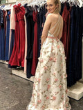 Line V Neck Spaghetti Straps Floral Long Prom Dresses,Junior Graduation Dress HZ0509