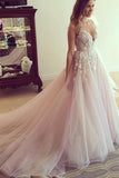 Straps V-neck Long Tulle Wedding Dress Prom Dress with Appliques HZ0509