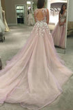 Straps V-neck Long Tulle Wedding Dress Prom Dress with Appliques HZ0509