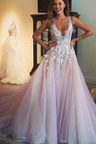 Straps V-neck Long Tulle Wedding Dress Prom Dress with Appliques HZ0509
