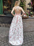 Line V Neck Spaghetti Straps Floral Long Prom Dresses,Junior Graduation Dress HZ0509