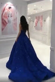 Navy Blue Sleeveless Prom Dresses Sweep Train Ball Gowns HZ0509