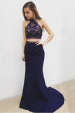Two Piece Mermaid Halter Backless Navy Blue Long Prom Dress with Beading Embroidery HZ0509