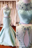 Pieces Long Mermaid Satin Prom Dresses For Teens,Beading Mint Backless Prom Gowns HZ0509