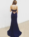 Two Piece Mermaid Halter Backless Navy Blue Long Prom Dress with Beading Embroidery HZ0509