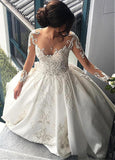 Satin Sheer Jewel Neckline Long Sleeves Wedding Dresses With Lace Appliques HZ0509