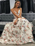 Line V Neck Spaghetti Straps Floral Long Prom Dresses,Junior Graduation Dress HZ0509