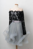Line Black Lace Off Shoulder Homecoming Dresses with Long Sleeves HZ0509