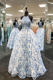 White and Blue Lace Long Prom Dress Formal Evening Dress HZ0509