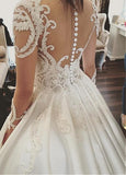 Satin Sheer Jewel Neckline Long Sleeves Wedding Dresses With Lace Appliques HZ0509