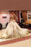 Prom Dresses With Appliques,Long Sleeves Ball Gown Wedding Dresses With Chapel Train HZ0509