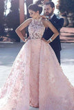 Pink Lace Wedding Dresses Halter Embroidery Slleveless Prom Dress Evening Dress HZ0509