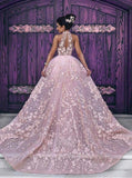 Pink Lace Wedding Dresses Halter Embroidery Slleveless Prom Dress Evening Dress HZ0509