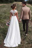Off White Lace Appliques Cap Sleeves Long Chiffon Beach Wedding Dresses HZ0509
