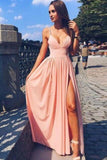 Spaghetti Strap V Neck Pink Prom Dress With Split,Simple Long Evening Dress HZ0509