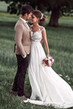 Off White Lace Appliques Cap Sleeves Long Chiffon Beach Wedding Dresses HZ0509