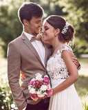 Off White Lace Appliques Cap Sleeves Long Chiffon Beach Wedding Dresses HZ0509