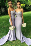 Long Mermaid Light Grey Sweetheart Appliques Beaded Bridesmaid Dresses,Prom Dress HZ0509