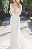 Sexy Deep V-Neck Lace Top Long Sleeve Mermaid Wedding Dress HZ0509