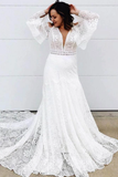 Elegant A Line Lace Long Sleeves V Neck Wedding Dress HZ0509