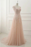 Neck Lace Appliques Prom Dresses,Tulle A Line Evening Dress HZ0509
