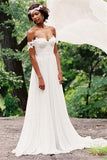 Off the Shoulder Long A-line Ivory Chiffon Sexy Beach Wedding Dresses HZ0509